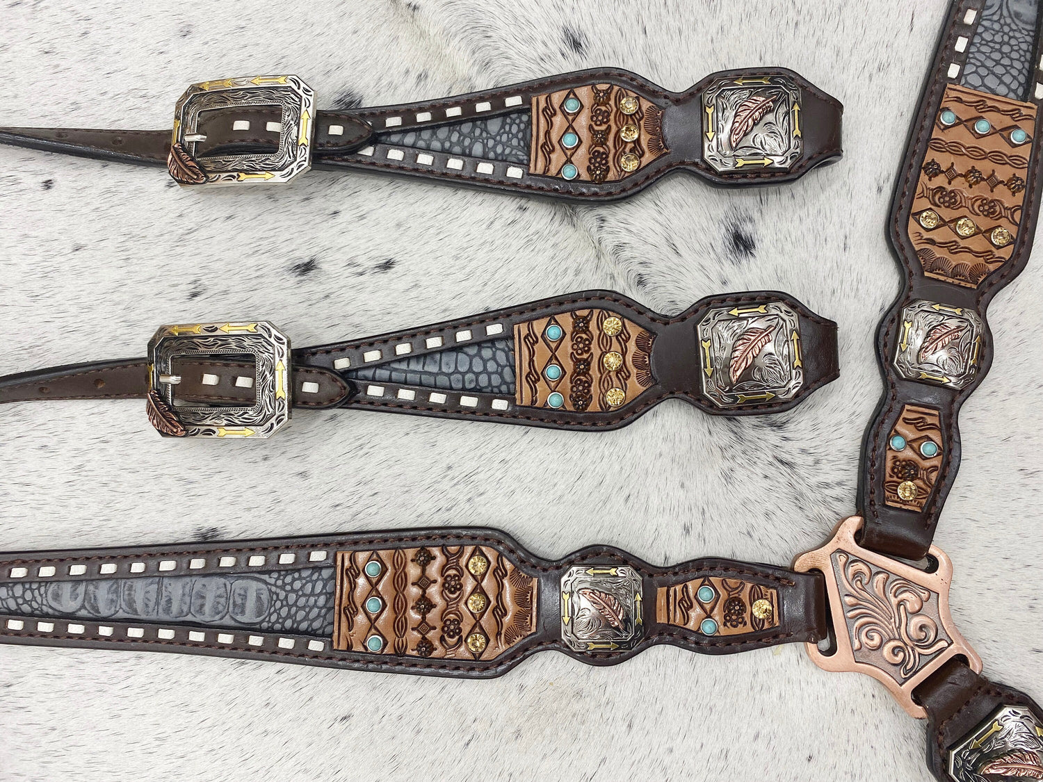 Leather Headstall and Breast Collar Set horse,Western headstall Tack with geometrical tooling and rawhide braiding and grey alligator print