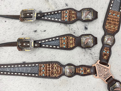 Leather Headstall and Breast Collar Set horse,Western headstall Tack with geometrical tooling and rawhide braiding and grey alligator print