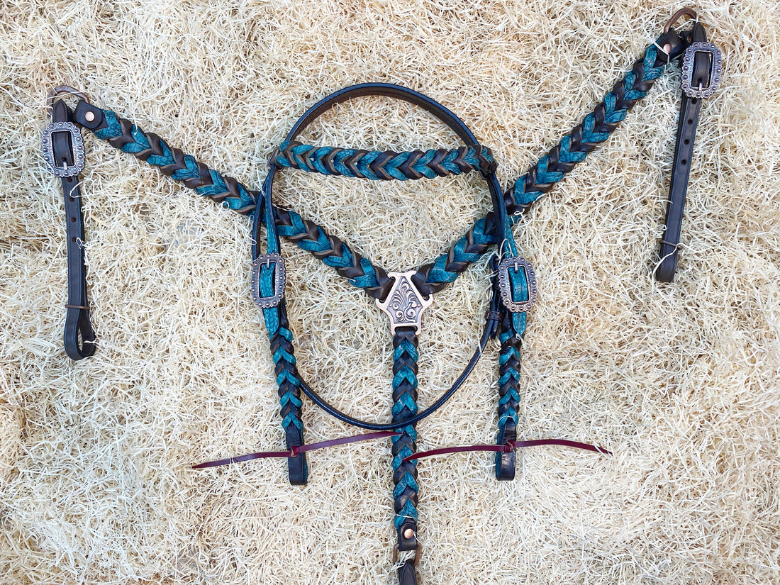 MOUSM Argentina Cow Leather Browband Headstall &amp; Breast Collar Set – Western Horse Tack Set Decorated with Teal Alligator and Dark Brown Braiding