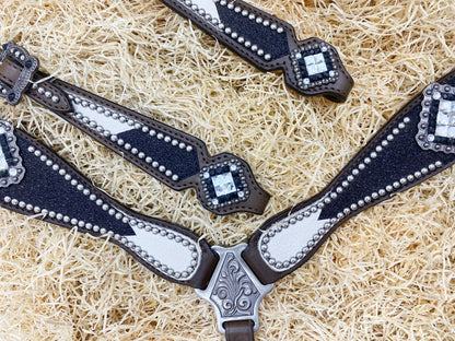 MOUSM Argentina Cow Leather Headstall &amp; Breast Collar Set – Western Bridle with Black Glitter Print &amp; Black-White Stones