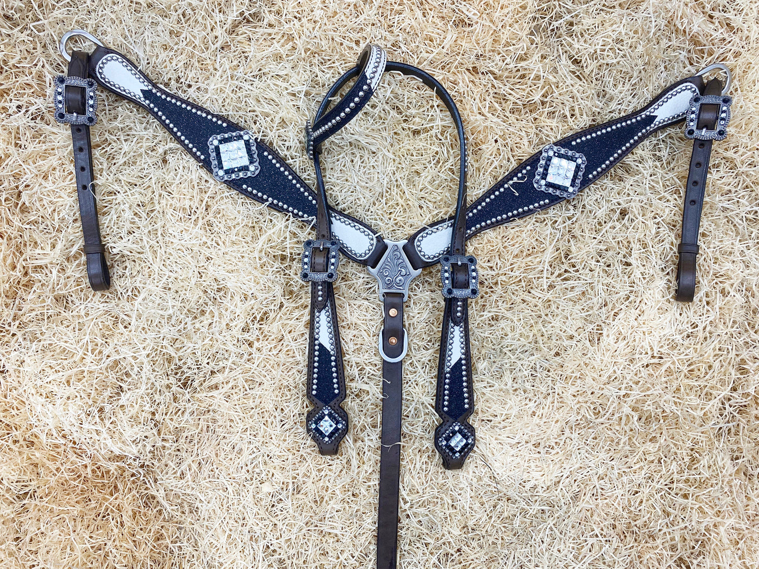 MOUSM Argentina Cow Leather Headstall &amp; Breast Collar Set – Western Bridle with Black Glitter Print &amp; Black-White Stones
