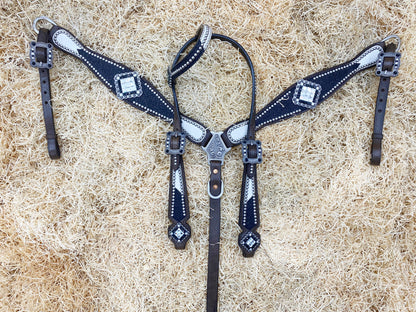 MOUSM Argentina Cow Leather Headstall &amp; Breast Collar Set – Western Bridle with Black Glitter Print &amp; Black-White Stones