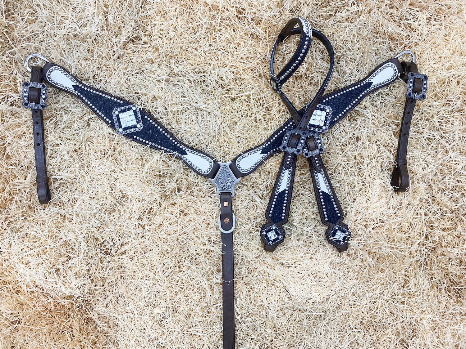 MOUSM Argentina Cow Leather Headstall &amp; Breast Collar Set – Western Bridle with Black Glitter Print &amp; Black-White Stones