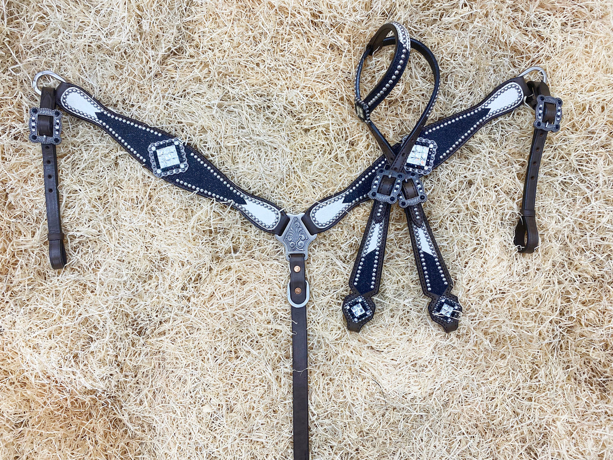 Black Glitter Print &amp; Silver Studs Headstall and Breast Collar Set