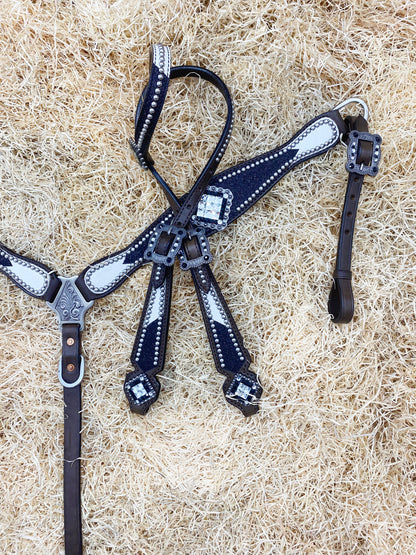 MOUSM Argentina Cow Leather Headstall &amp; Breast Collar Set – Western Bridle with Black Glitter Print &amp; Black-White Stones