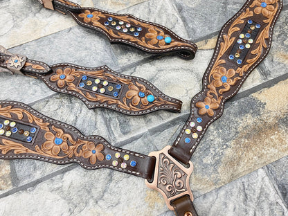 MOUSM Western Headstall &amp; Breast Collar Set – Made with Argentina Cow Leather, Headstall for Horses Decorated with Flower Carving &amp; Blue-White Rhinestones, Antique Copper Hardware