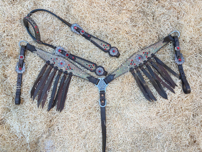 MOUSM Argentina Cow Leather Headstall &amp; Breast Collar Set – Western Horse Tack Set Decorated with Holographic Cracker Print, Red &amp; Black Stones, and Brown Leather Fringe