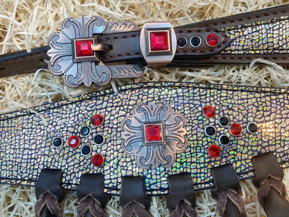 MOUSM Argentina Cow Leather Headstall &amp; Breast Collar Set – Western Horse Tack Set Decorated with Holographic Cracker Print, Red &amp; Black Stones, and Brown Leather Fringe