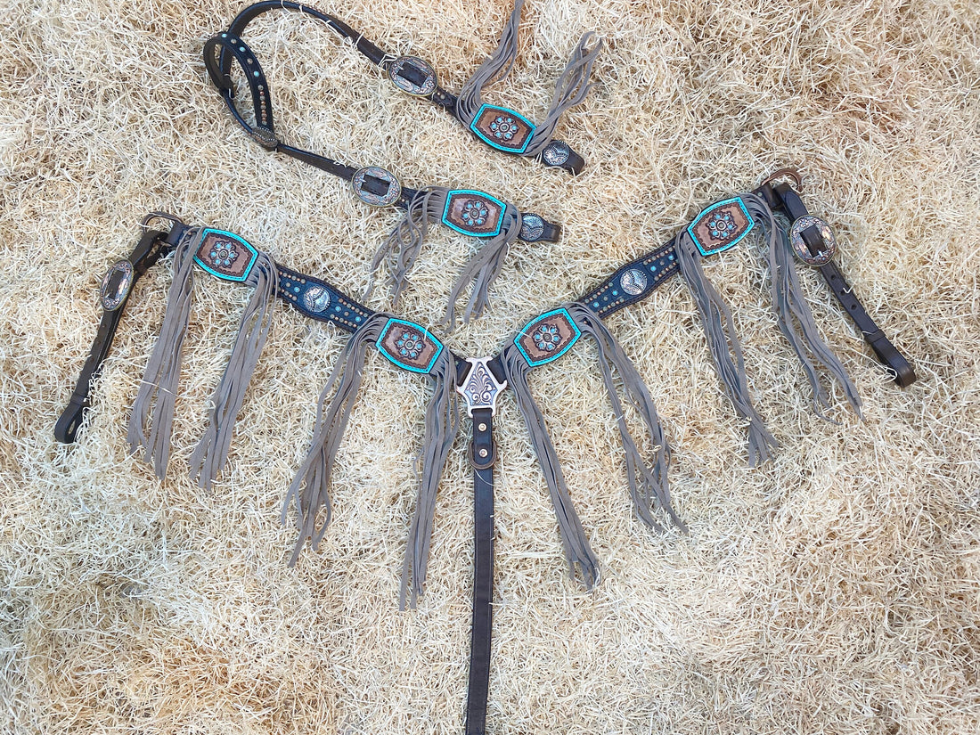 MOUSM Western Headstall &amp; Breast Collar Set – Made with Argentina Cow Leather, Headstalls for Horses Decorated with Turquoise and Copper Studs, Carved Leather Patches with Beige Fringe