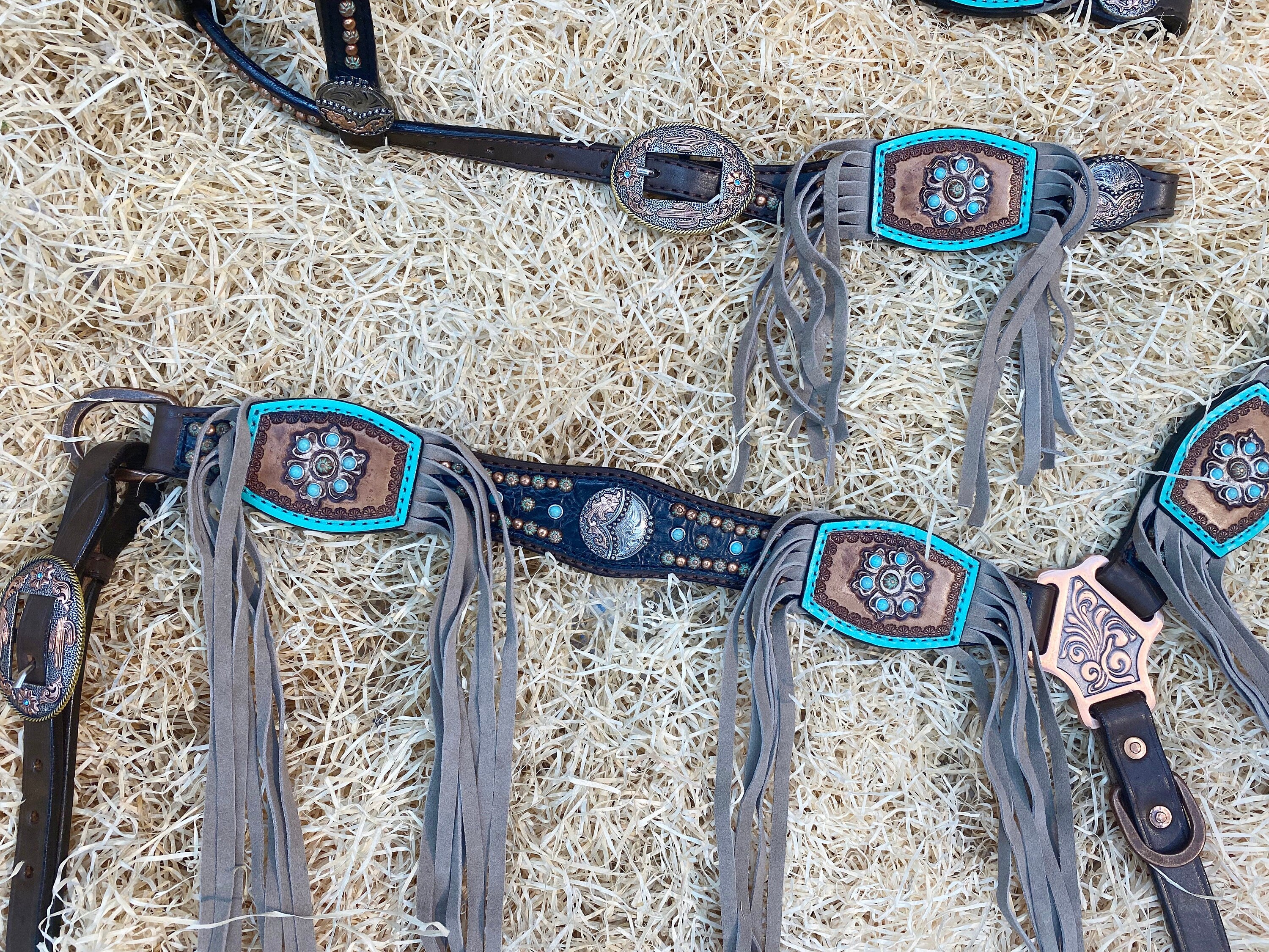 Leather Headstall and Breast Collar Set for horse, Western headstall tack decorated  turquoise and copper studs carved leather beige fringe