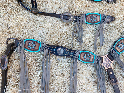 Leather Headstall and Breast Collar Set for horse, Western headstall tack decorated  turquoise and copper studs carved leather beige fringe