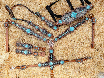 MOUSM Western Headstall &amp; Breast Collar Set – Made with Argentina Cow Leather, Western Horse Tack Decorated with Leopard Print and Turquoise Stone Overlay, Antique Copper Hardware