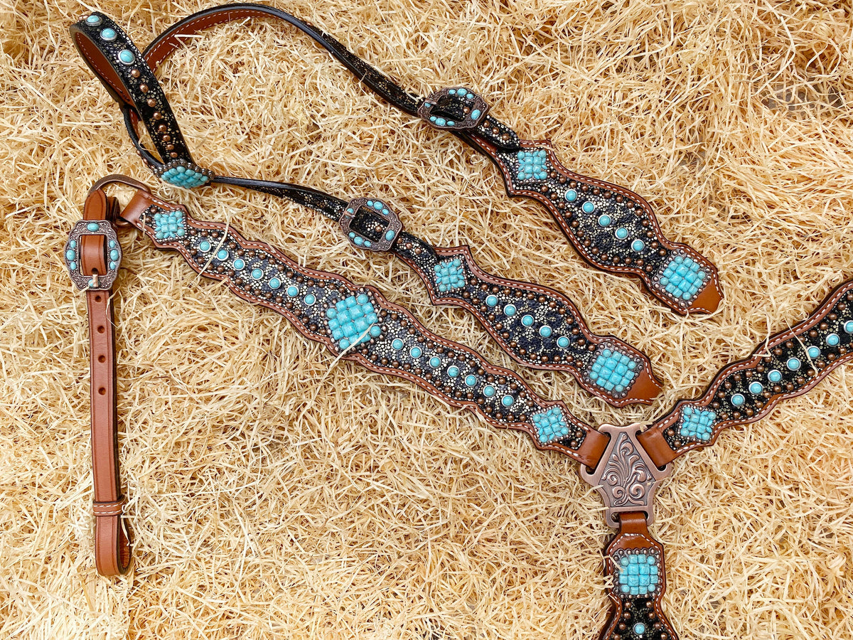 Leopard Print and Turquoise Stone Western Horse Tack Set
