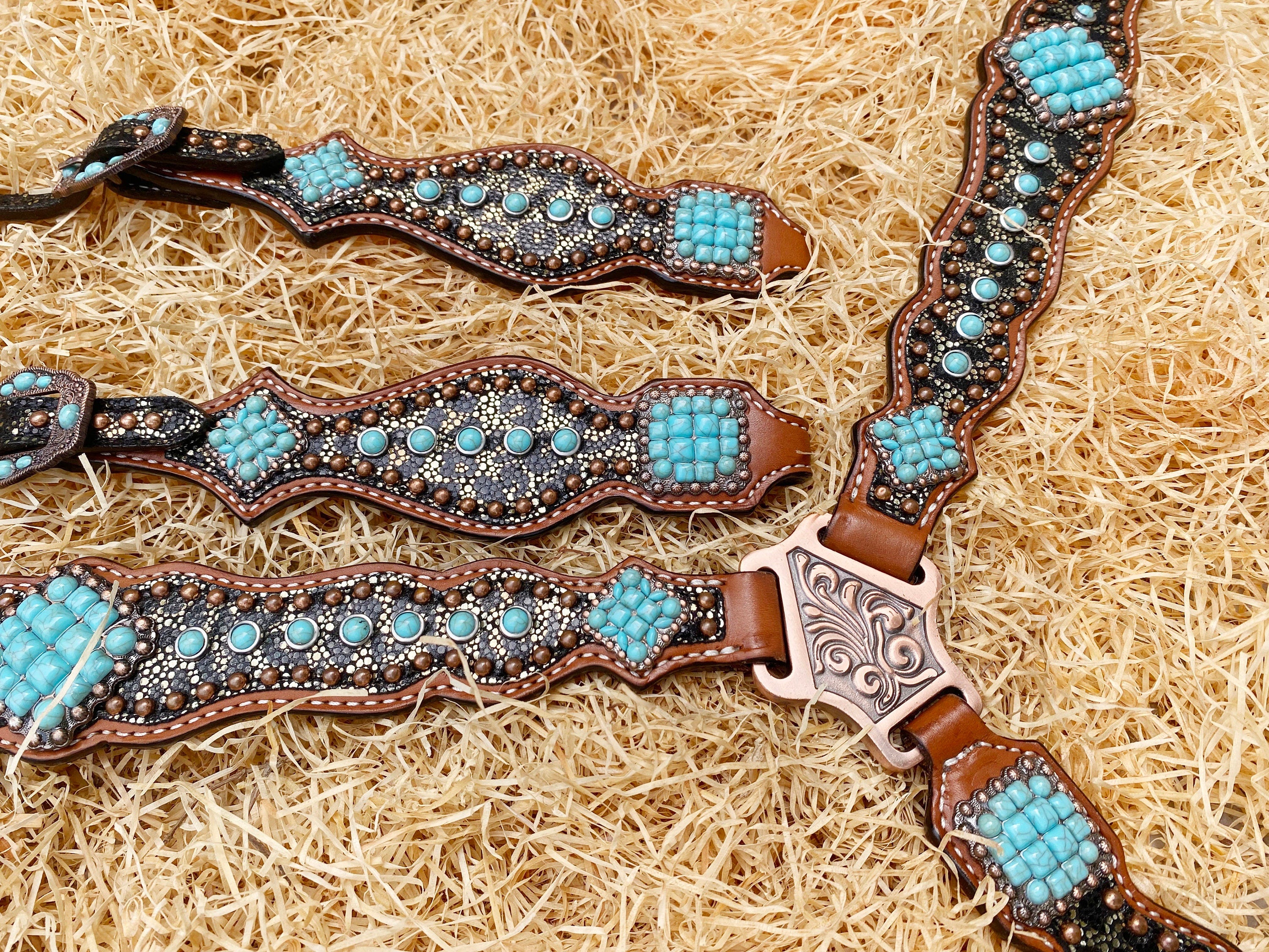 MOUSM Western Headstall &amp; Breast Collar Set – Made with Argentina Cow Leather, Western Horse Tack Decorated with Leopard Print and Turquoise Stone Overlay, Antique Copper Hardware