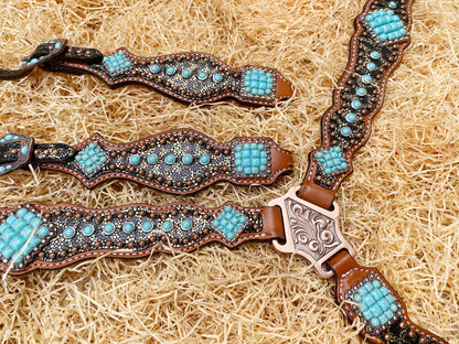 MOUSM Western Headstall &amp; Breast Collar Set – Made with Argentina Cow Leather, Western Horse Tack Decorated with Leopard Print and Turquoise Stone Overlay, Antique Copper Hardware