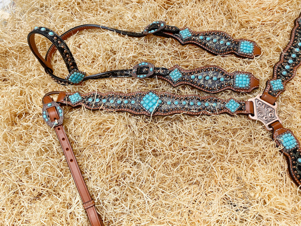 Leopard Print and Turquoise Stone Western Horse Tack Set