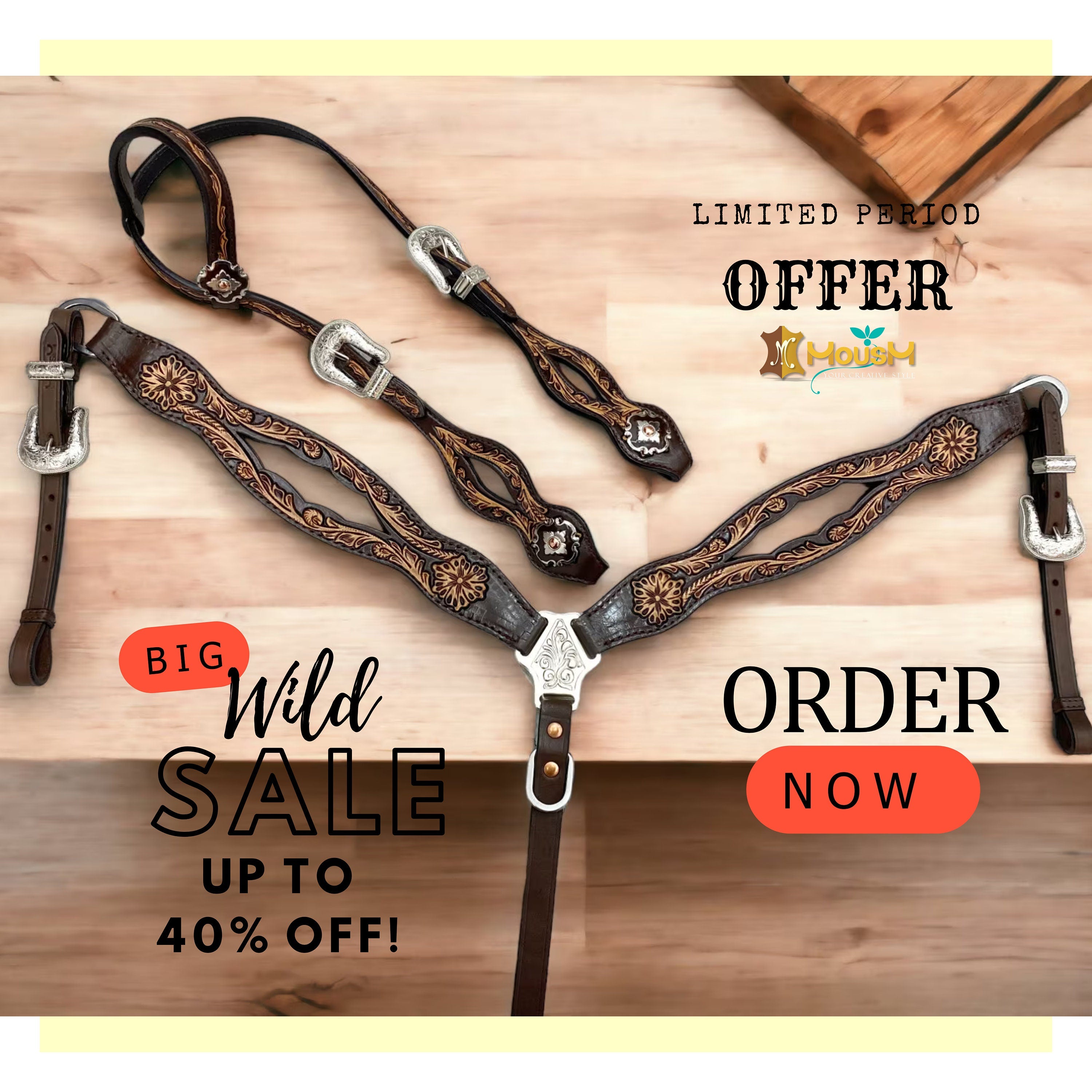 MOUSM Western Headstall &amp; Breast Collar Set – Made from Argentina Cow Leather, Western Horse Tack Set Decorated Hand-Tooled &amp; Hand-Painted Floral Design