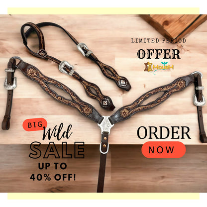 MOUSM Western Headstall &amp; Breast Collar Set – Made from Argentina Cow Leather, Western Horse Tack Set Decorated Hand-Tooled &amp; Hand-Painted Floral Design