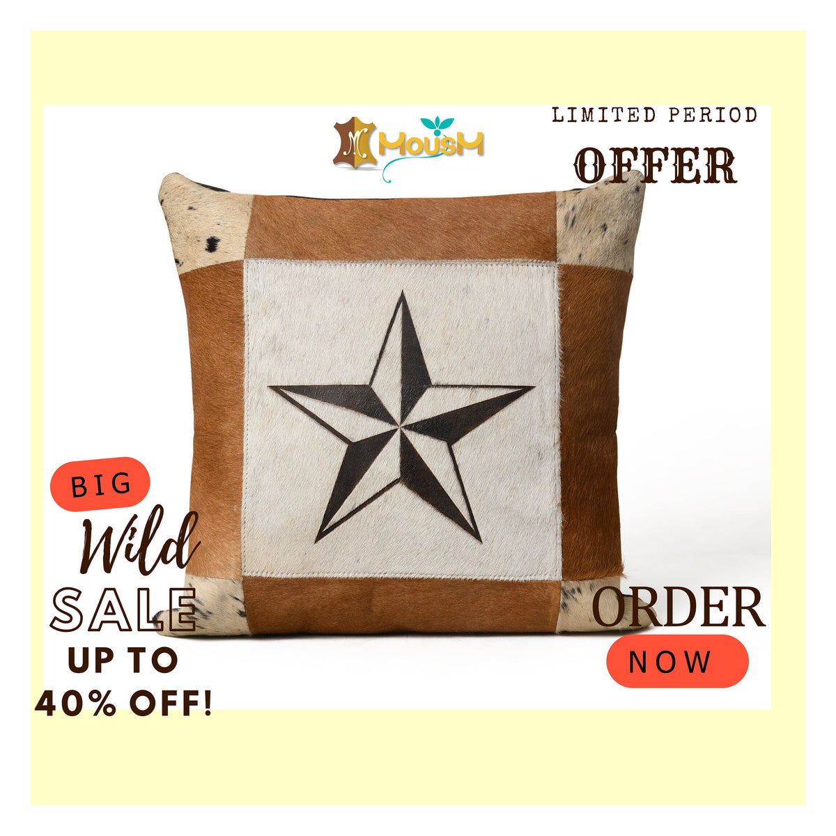 MOUSM Real Cowhide Leather Cushion Cover – 18x18 Inches Hair-On Leather Pillow Cover with Center-Printed Star Design – Designer Throw Pillow Case for Sofa, Couch, Living Room &amp; Bedroom