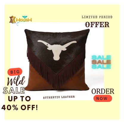 MOUSM Handcrafted Leather Cushion Covers for a Luxurious Home. Brown HairOn Leather with White Cowhide Bull head and sweat fringe Pillow.