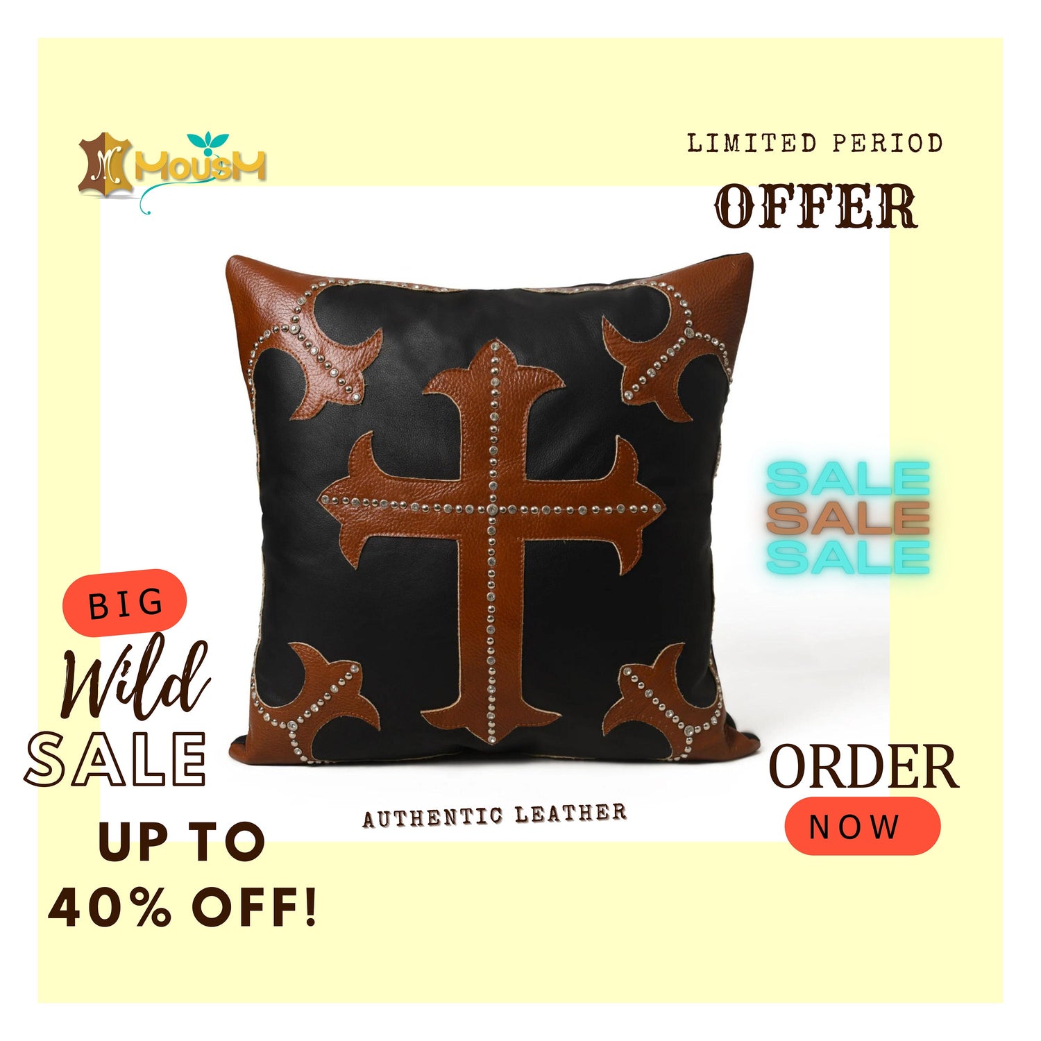 Mousm Leather Pillow Cover 18x18 Inches with Cross, 100% real Leather Cushion Cover, Decorative Pillow Cover, Home Decor for your room