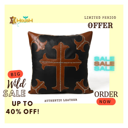 Mousm Leather Pillow Cover 18x18 Inches with Cross, 100% real Leather Cushion Cover, Decorative Pillow Cover, Home Decor for your room