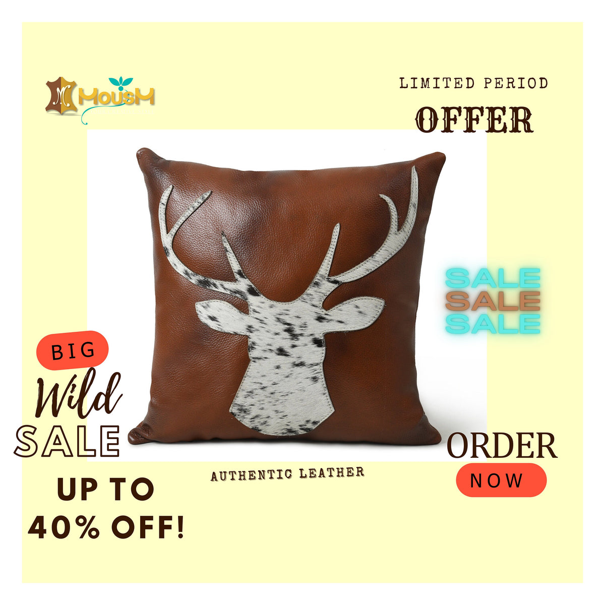 MOUSM Real Cowhide Leather Cushion Cover – 18x18 Inch Decorative Pillow Cover with Engraved Hair-On Deer Patch – Designer Throw Pillow Case for Sofa, Couch, Living Room &amp; Bedroom (Brown)