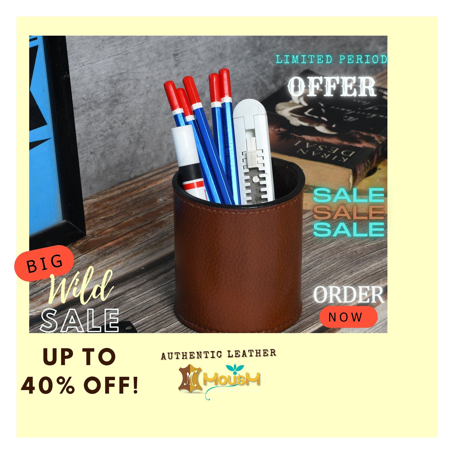 MOUSM Solid Brown Leather Pen Pot - Pen Holder - Pencil Holder - Desk Pen Holder