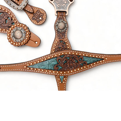 Western Leather Headstall and Breast Collar tack Set for the horse, Western headstall tack copper studs and alligator inlay  MOUSM
