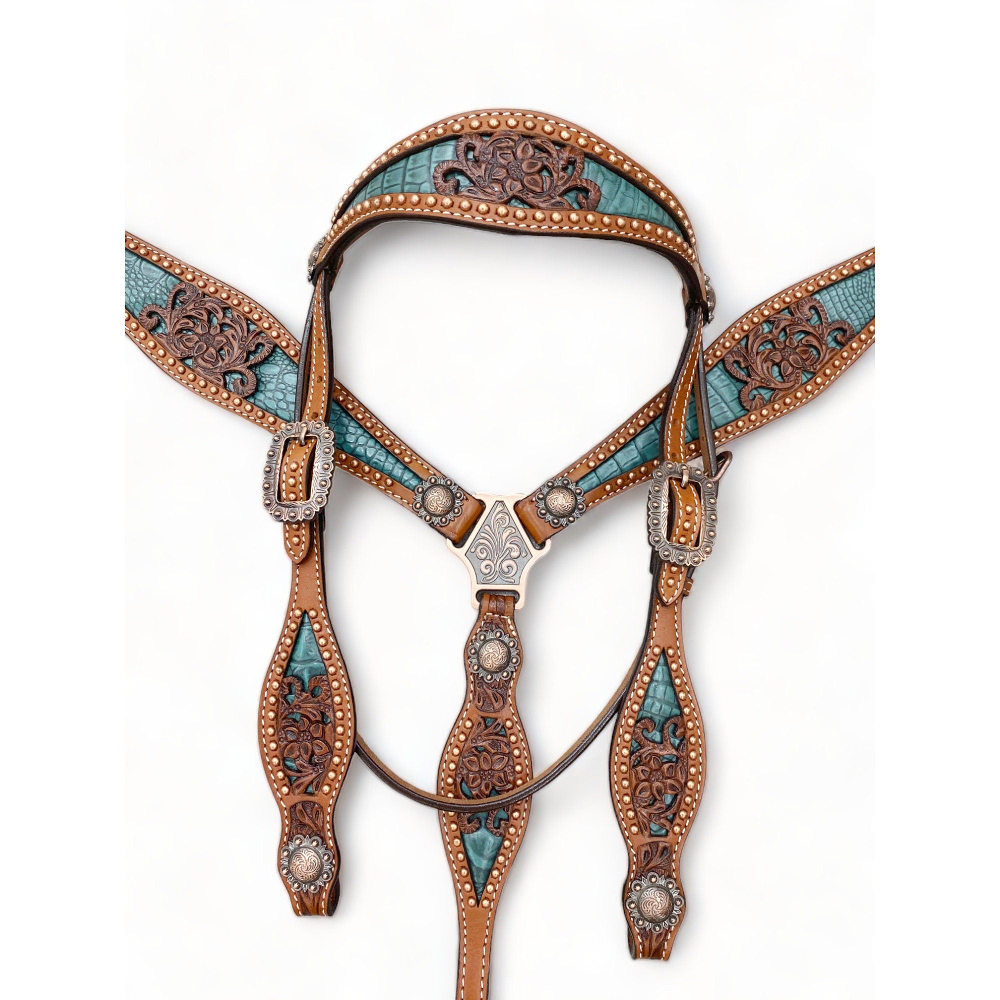 Western Leather Headstall and Breast Collar tack Set for the horse, Western headstall tack copper studs and alligator inlay  MOUSM