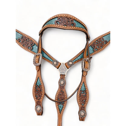 Western Leather Headstall and Breast Collar tack Set for the horse, Western headstall tack copper studs and alligator inlay  MOUSM