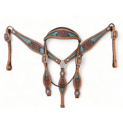 Western Leather Headstall and Breast Collar tack Set for the horse, Western headstall tack copper studs and alligator inlay  MOUSM