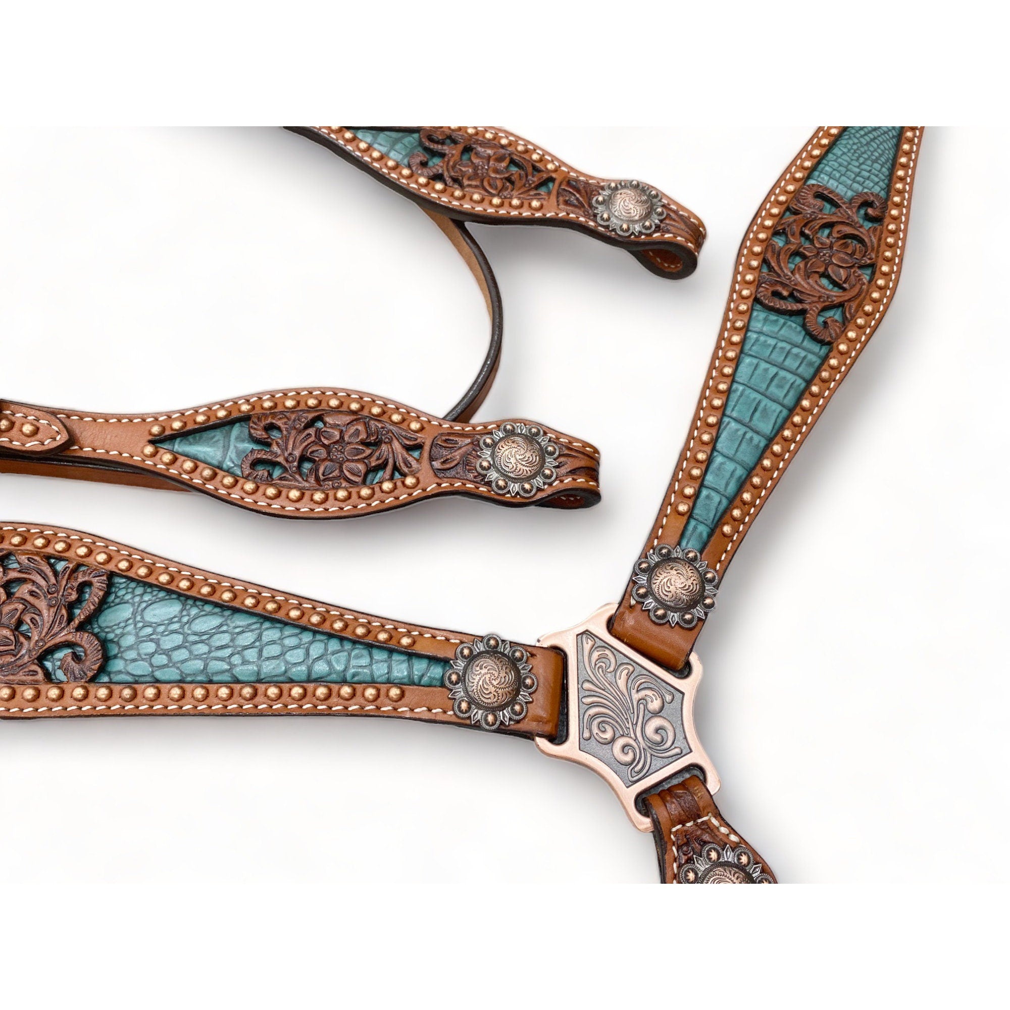 Western Leather Headstall and Breast Collar tack Set for the horse, Western headstall tack copper studs and alligator inlay  MOUSM