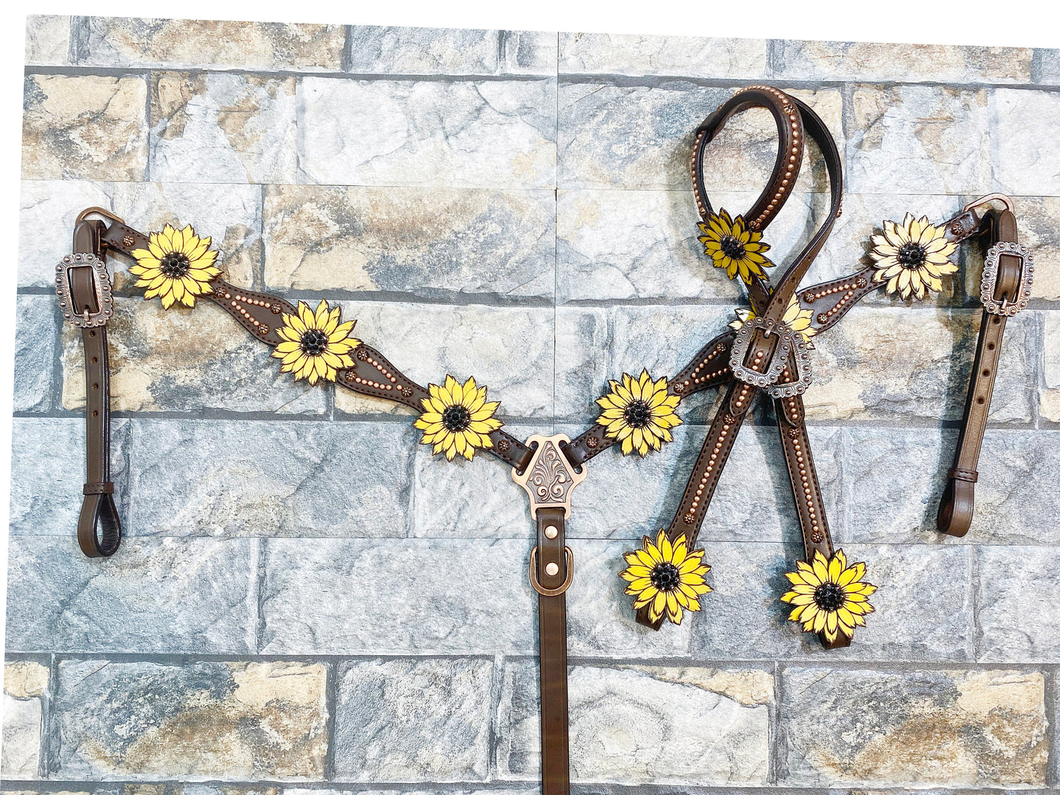 MOUSM Western Headstall &amp; Breast Collar Set – Made with Argentina Cow Leather, Decorated with Copper Studs, Hand-Painted Laser Cut Sunflower &amp; Black Rhinestone Conchos