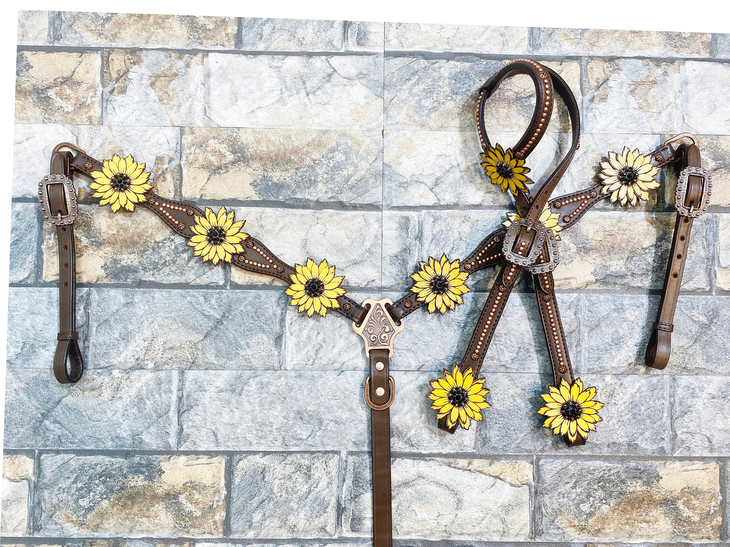 MOUSM Western Headstall &amp; Breast Collar Set – Made with Argentina Cow Leather, Decorated with Copper Studs, Hand-Painted Laser Cut Sunflower &amp; Black Rhinestone Conchos