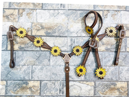 MOUSM Western Headstall &amp; Breast Collar Set – Made with Argentina Cow Leather, Decorated with Copper Studs, Hand-Painted Laser Cut Sunflower &amp; Black Rhinestone Conchos