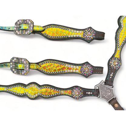 Leather Headstall and Breast Collar tack Set for the horse, Western headstall tack decorated with yellow holographic metalling carving MOUSM