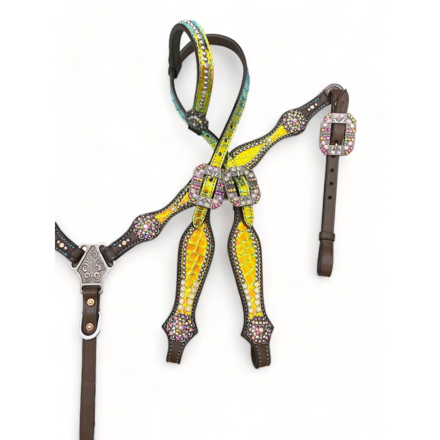 Leather Headstall and Breast Collar tack Set for the horse, Western headstall tack decorated with yellow holographic metalling carving MOUSM