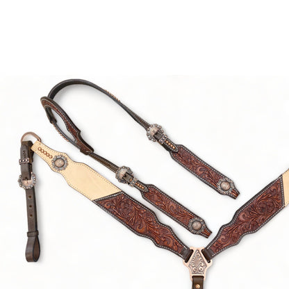 MOUSM Western Bridle and Breast Collar Set - Western Headstall Tack Set Decorated with OAK Fruit Carving Design