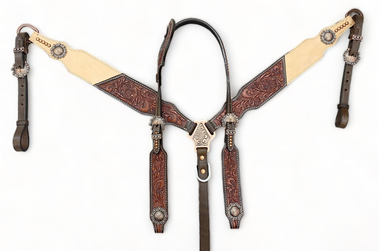 MOUSM Western Bridle and Breast Collar Set - Western Headstall Tack Set Decorated with OAK Fruit Carving Design