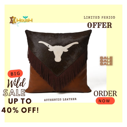 MOUSM Handcrafted Leather Cushion Covers for a Luxurious Home. Brown HairOn Leather with White Cowhide Bull head and sweat fringe Pillow.