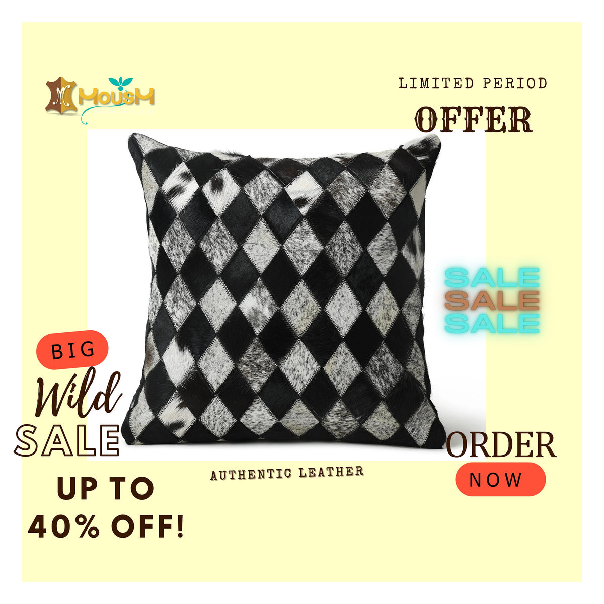 MOUSM Real Cowhide Leather Cushion Cover – 18x18 Inch Hair-On Decorative Pillow Cover with Black Criss-Cross Pattern – Designer Throw Pillow Case for Sofa, Couch, Living Room &amp; Bedroom