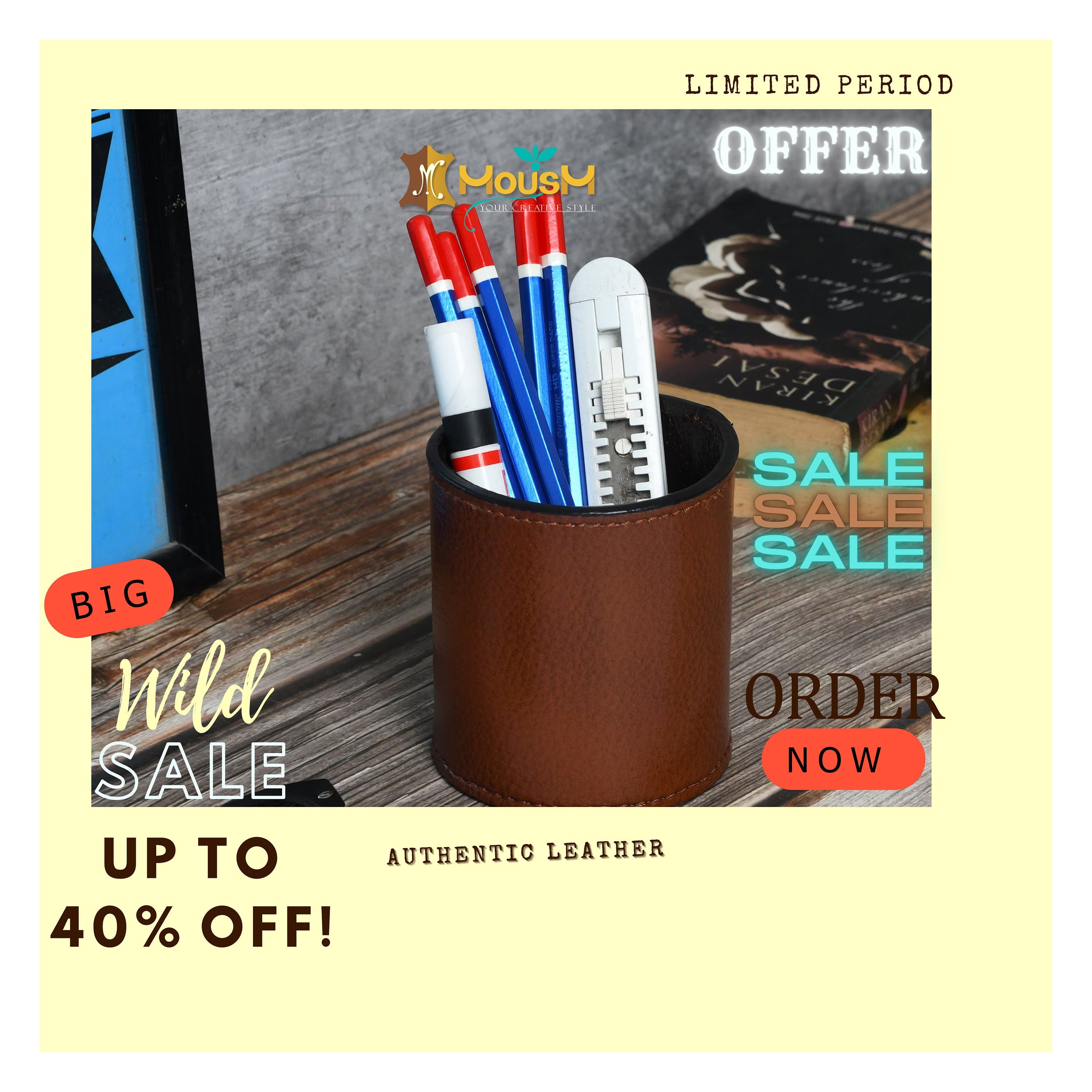 MOUSM Solid Brown Leather Pen Pot - Pen Holder - Pencil Holder - Desk Pen Holder