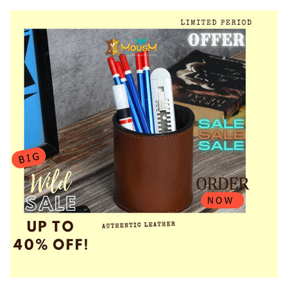 MOUSM Solid Brown Leather Pen Pot - Pen Holder - Pencil Holder - Desk Pen Holder