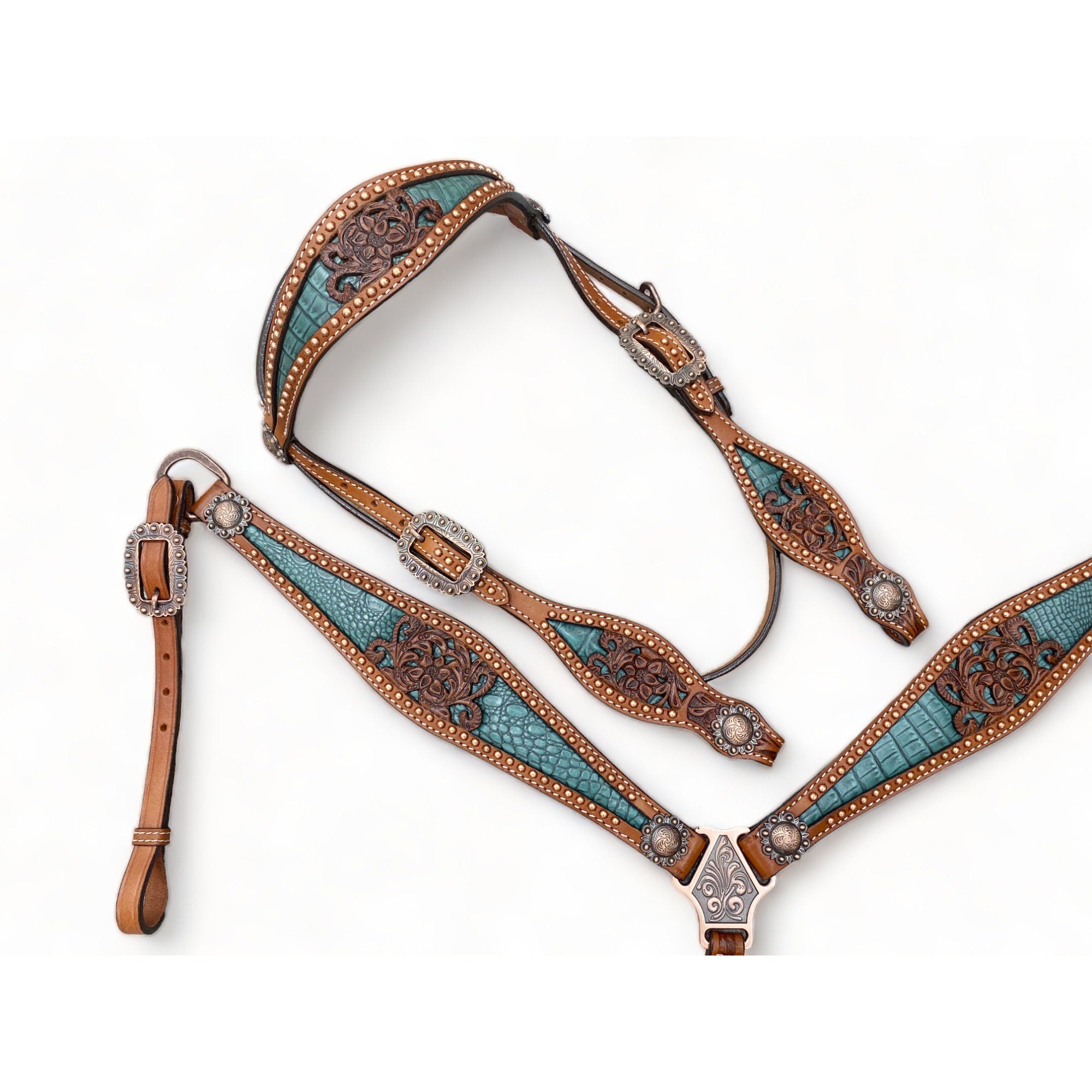 Western Leather Headstall and Breast Collar tack Set for the horse, Western headstall tack copper studs and alligator inlay  MOUSM