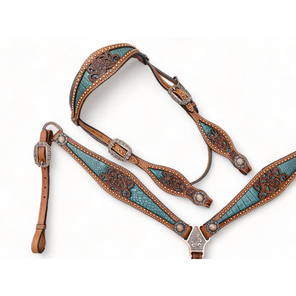 Western Leather Headstall and Breast Collar tack Set for the horse, Western headstall tack copper studs and alligator inlay  MOUSM