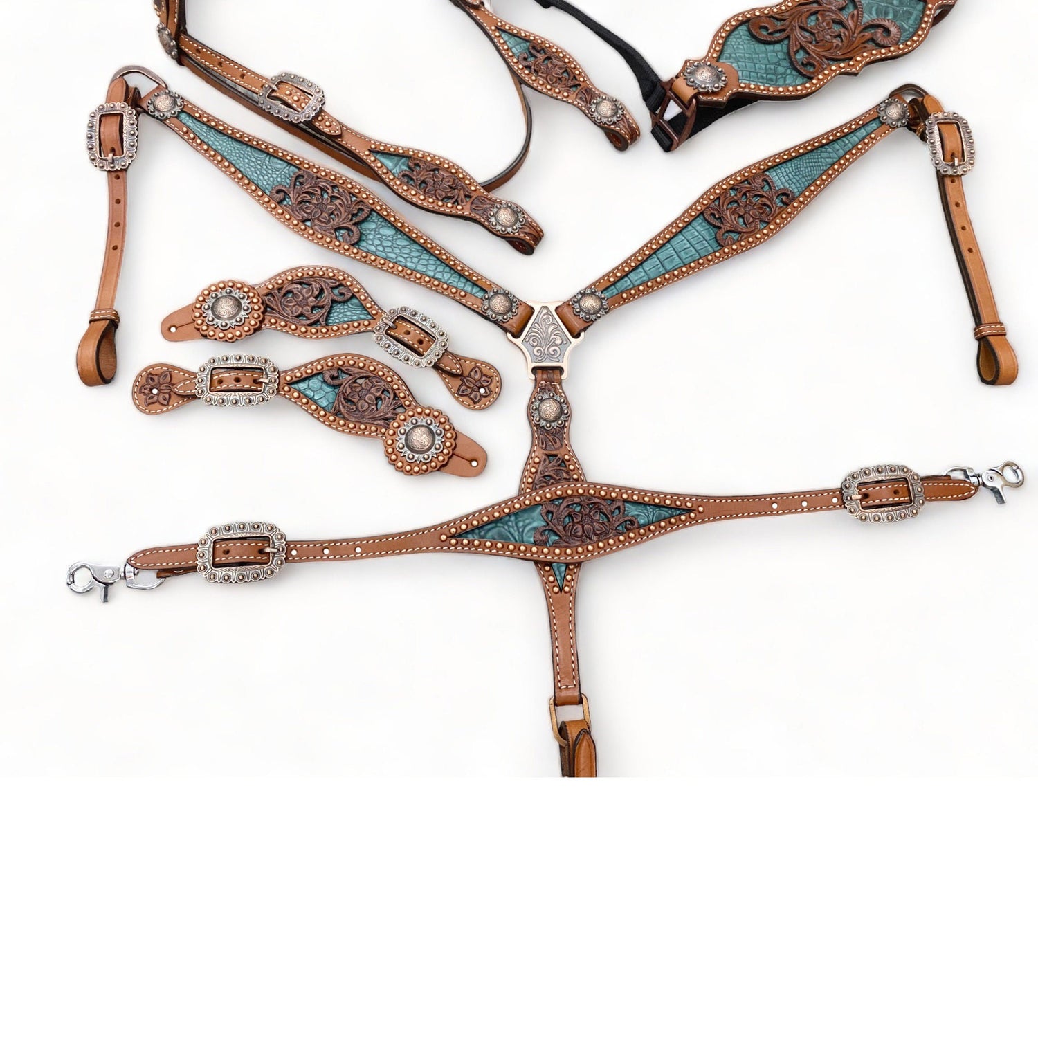 Western Leather Headstall and Breast Collar tack Set for the horse, Western headstall tack copper studs and alligator inlay  MOUSM