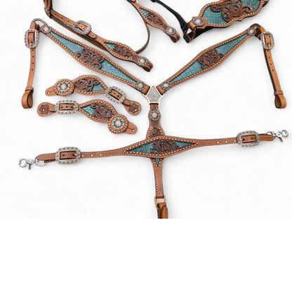 Western Leather Headstall and Breast Collar tack Set for the horse, Western headstall tack copper studs and alligator inlay  MOUSM