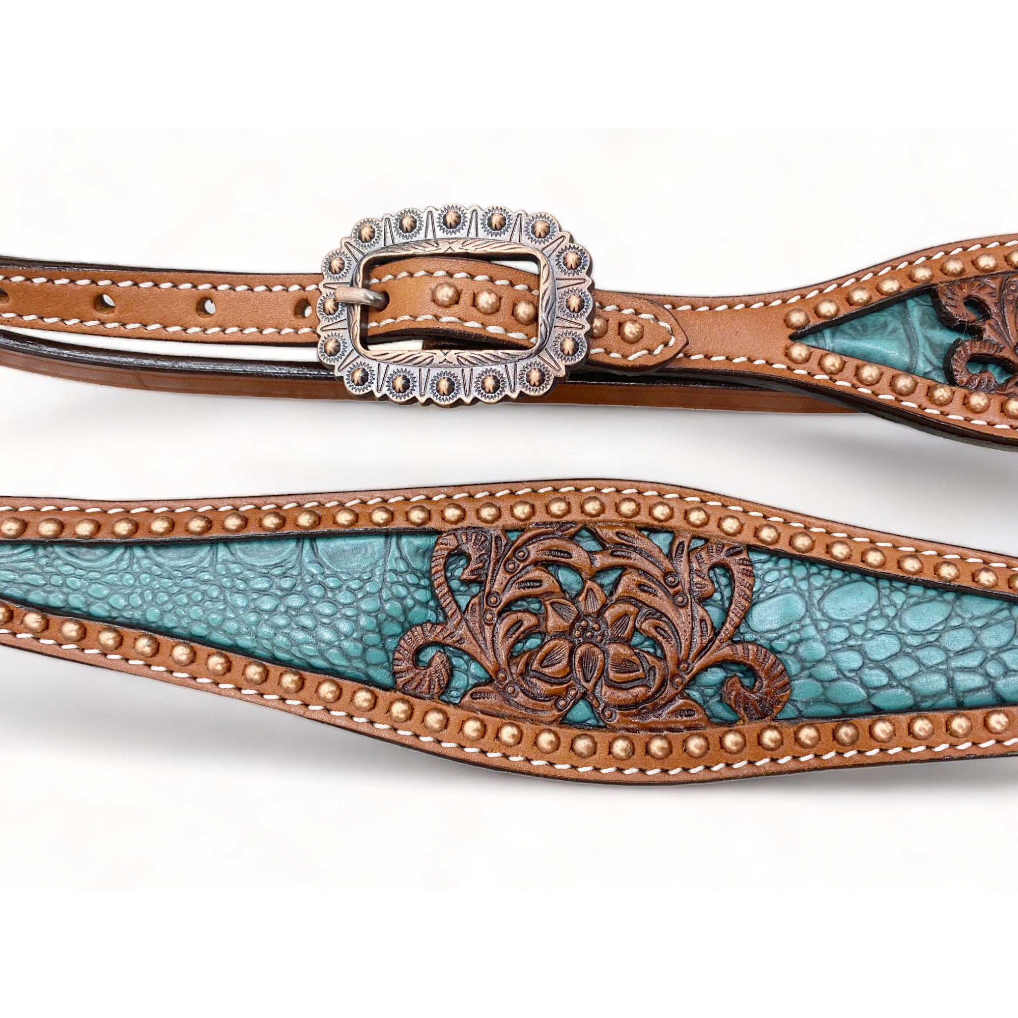 Western Leather Headstall and Breast Collar tack Set for the horse, Western headstall tack copper studs and alligator inlay  MOUSM