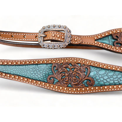 Western Leather Headstall and Breast Collar tack Set for the horse, Western headstall tack copper studs and alligator inlay  MOUSM
